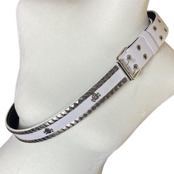 Accessories - White Leather Skull Studded Belt Punk Rock Size Large Length 38-40
